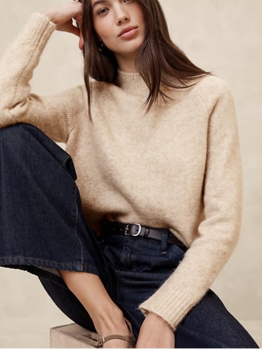 Banana Republic Beige Fuzzy Mock Neck Sweater